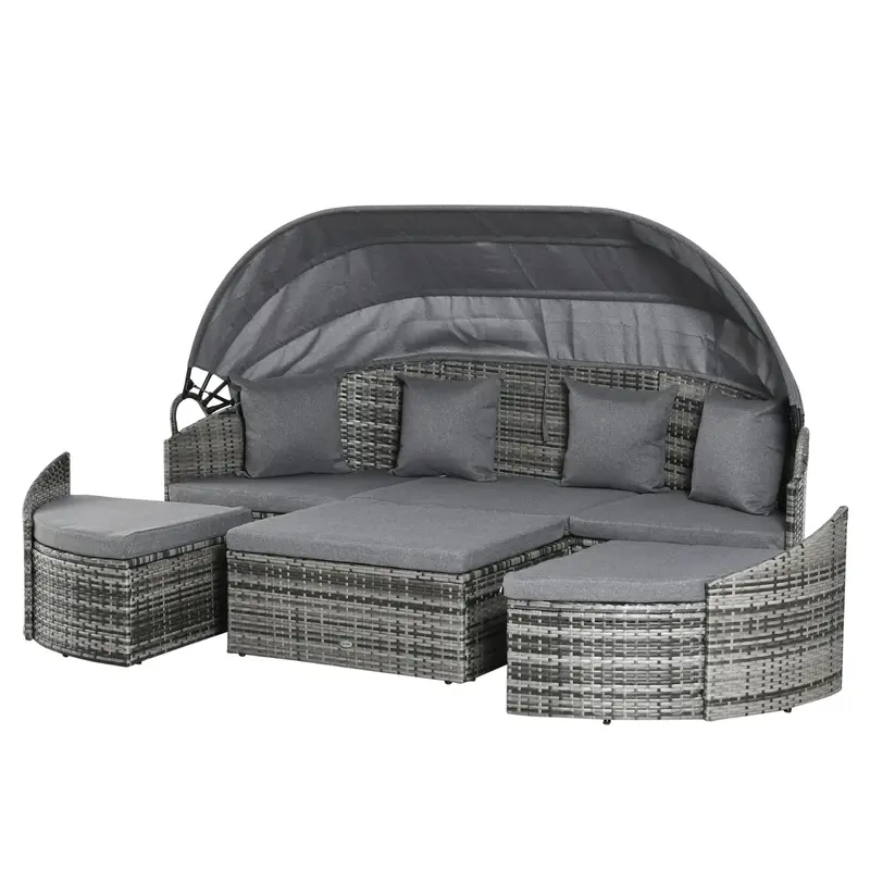 4 Pieces Pe Wicker Round Daybed, Outdoor Rattan Garden Lounge Furniture Sets, Grey 2