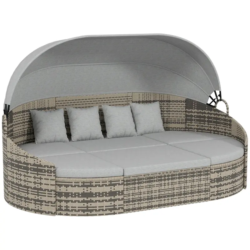 4 Pieces Pe Wicker Round Daybed, Outdoor Rattan Garden Lounge Furniture Sets, Light Grey 1