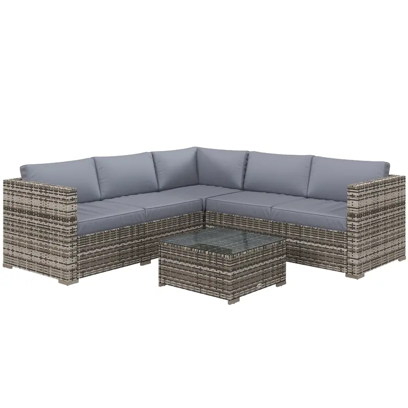 4 Pieces Rattan Wicker Funiture Set W/ Corner Sofa, Loveseats & Coffee Table, Grey 1