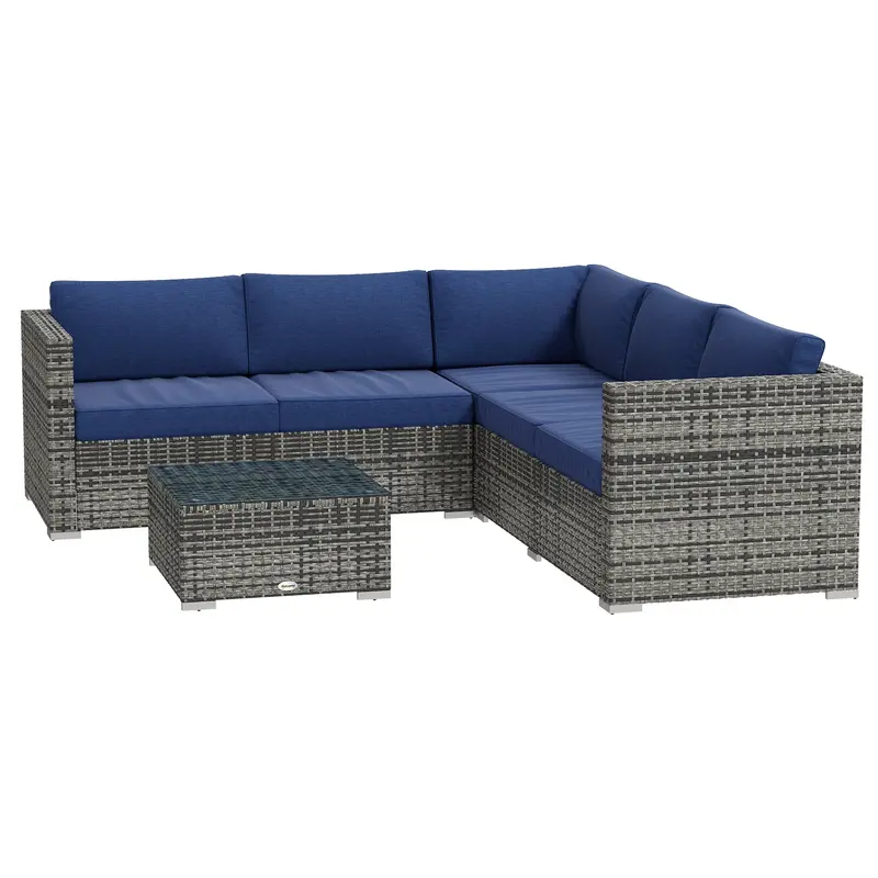 4 Pieces Rattan Wicker Funiture Set W/ Corner Sofa, Loveseats & Coffee Table, Navy Blue 1