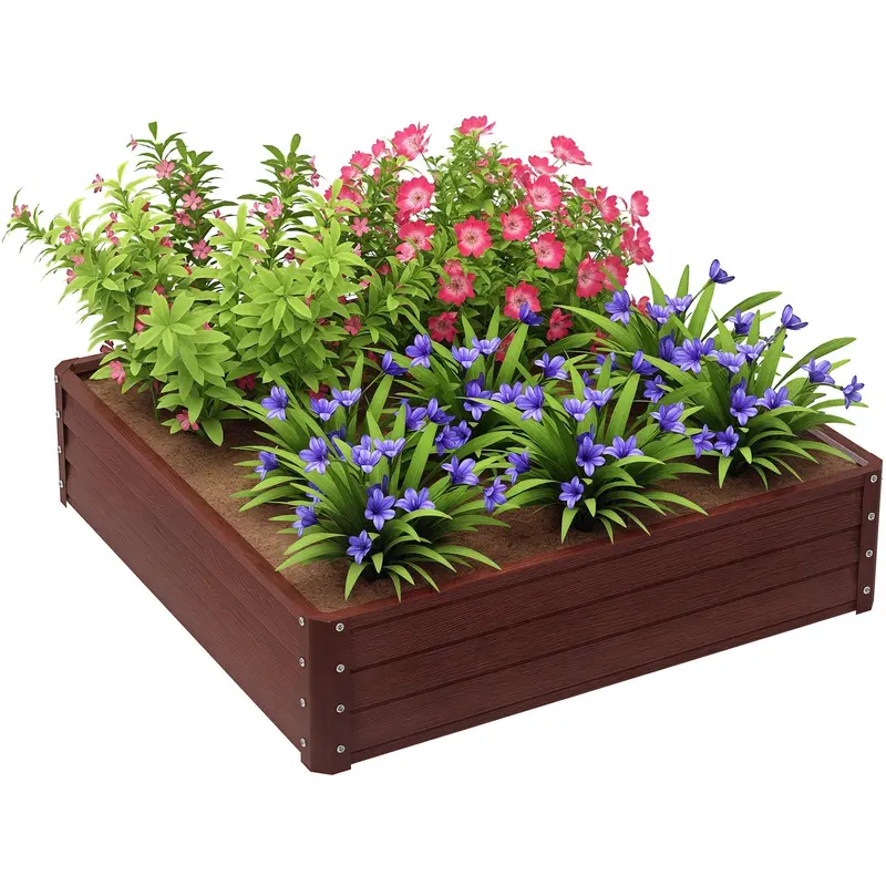 4' X 4' X 1' Raised Garden Bed Galvanized Steel Planter Box For Vegetables, Flowers, Herbs, Dark Brown Wood Effect 1
