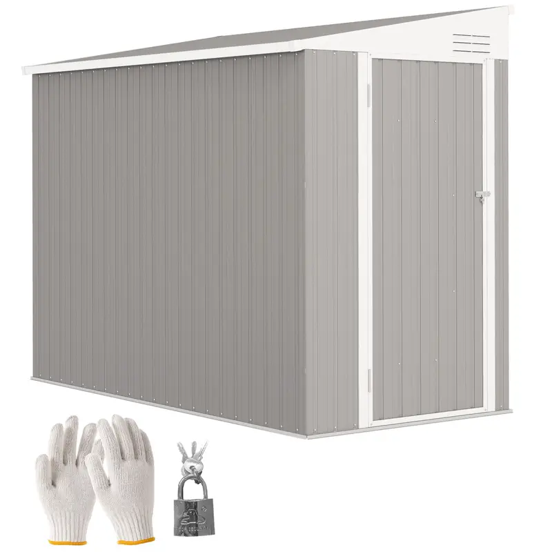 4' X 8' Steel Garden Storage Shed Lean To Shed Outdoor Metal Tool House With Lockable Door And 2 Air Vents For Backyard, Patio, Lawn, Light Grey 1
