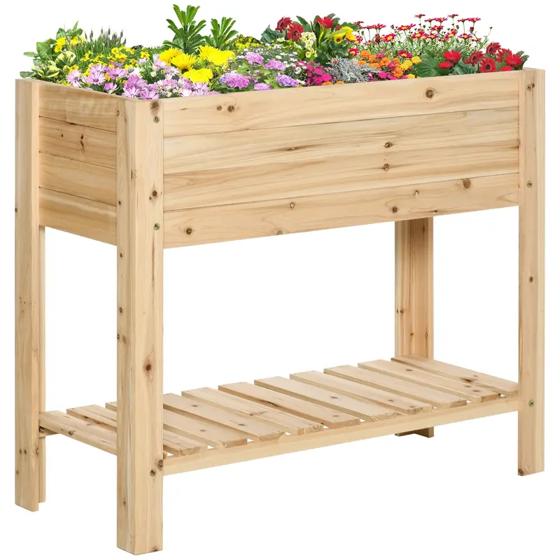 40" X 16" X 33" Wooden Raised Garden Bed With Storage Shelf, Natural 1