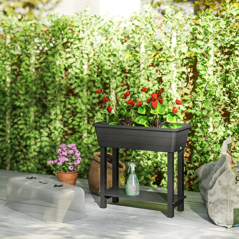 41L Self-Watering Raised Garden Bed With Lid And Shelf, Black 2