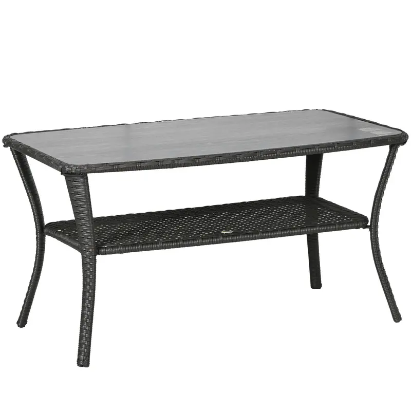 43.3" Pe Rattan Coffee Table W/ Storage Shelf, 2-Layer Storage Table W/ Glass Top, Black 1