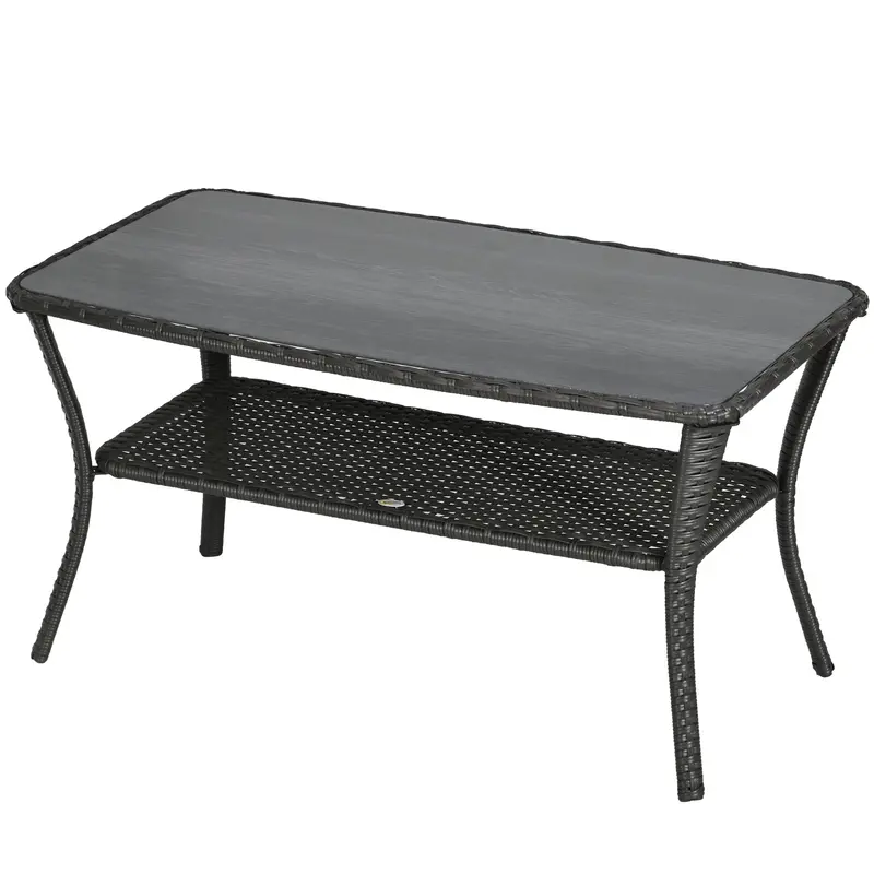 43.3" Pe Rattan Coffee Table W/ Storage Shelf, 2-Layer Storage Table W/ Glass Top, Black 2