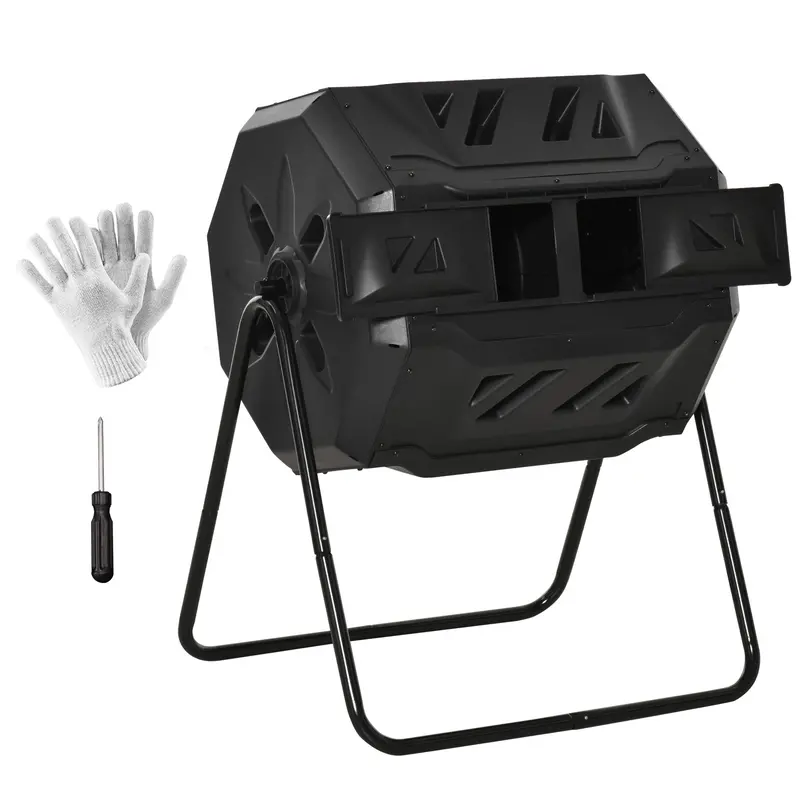 43 Gallon Dual Chamber Tumbling Composter With Steel Frame,  360° Rotating Composter, Black 1