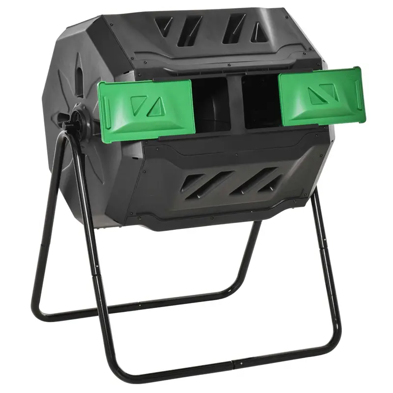 43 Gallon Dual Chamber Tumbling Composter With Steel Frame,  360° Rotating Composter, Green 1