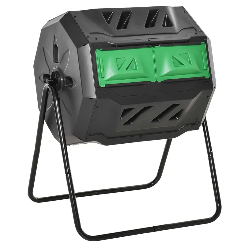 43 Gallon Dual Chamber Tumbling Composter With Steel Frame, 360° Rotating Composter, Green 2