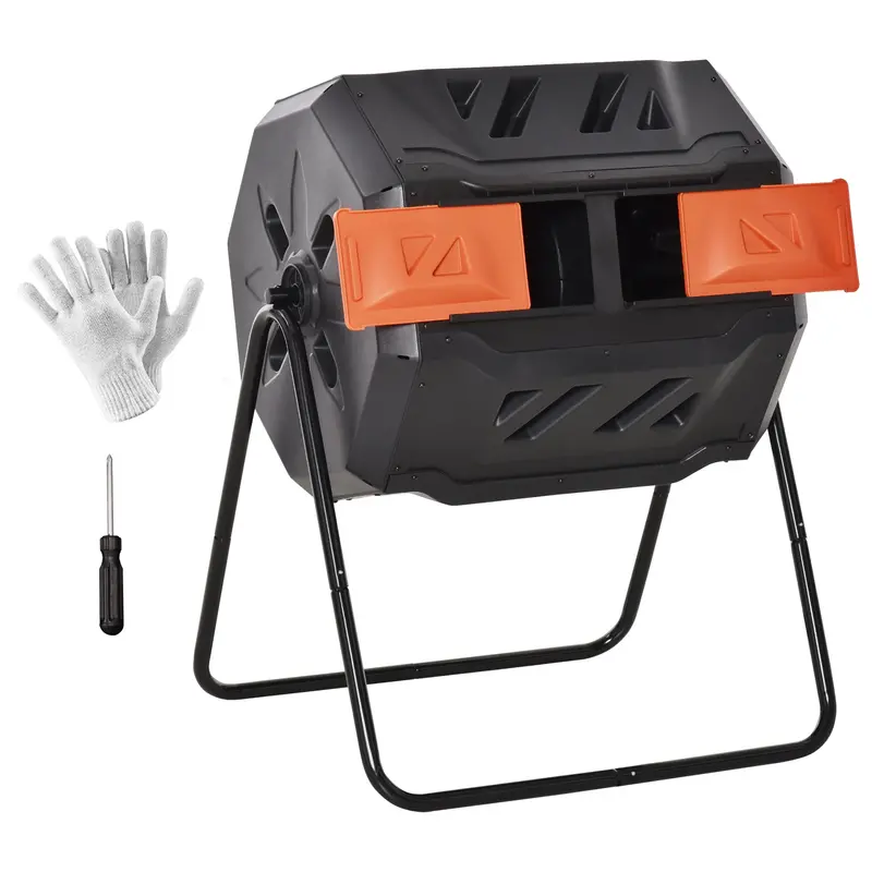 43 Gallon Dual Chamber Tumbling Composter With Steel Frame,  360° Rotating Composter, Orange 1