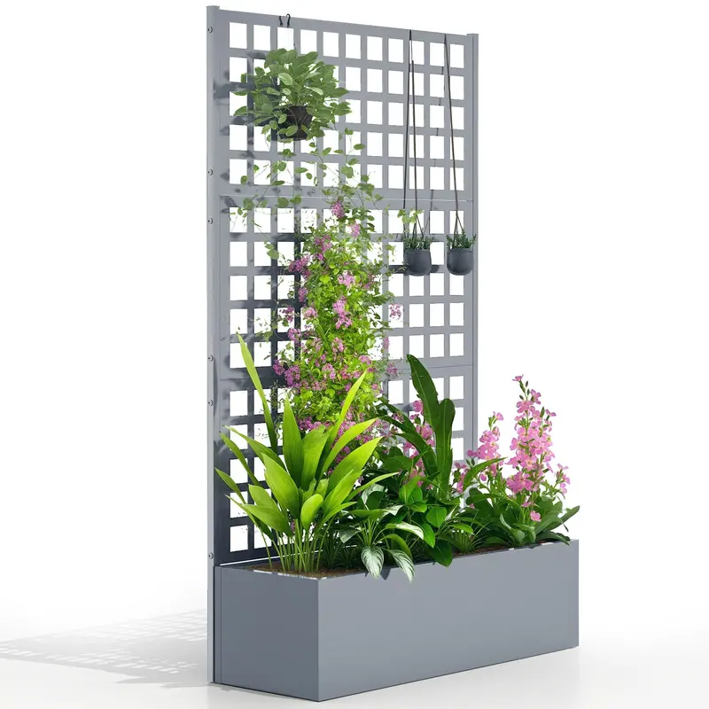 43" X 16" X 70" Raised Garden Bed With Trellis And Privacy Screen, Grey Wood Effect 1