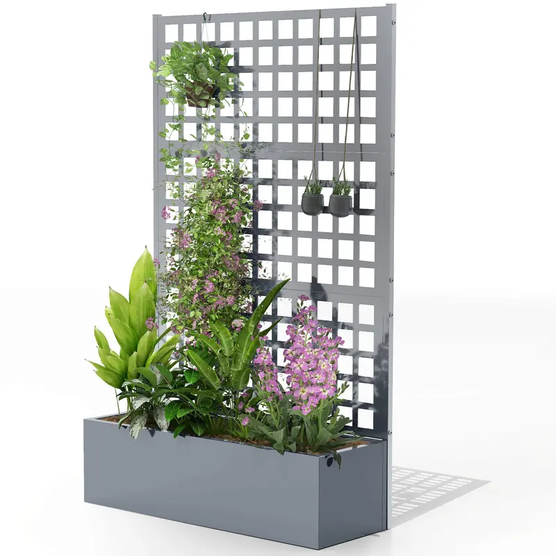 43" X 16" X 70" Raised Garden Bed With Trellis And Privacy Screen, Grey Wood Effect 2