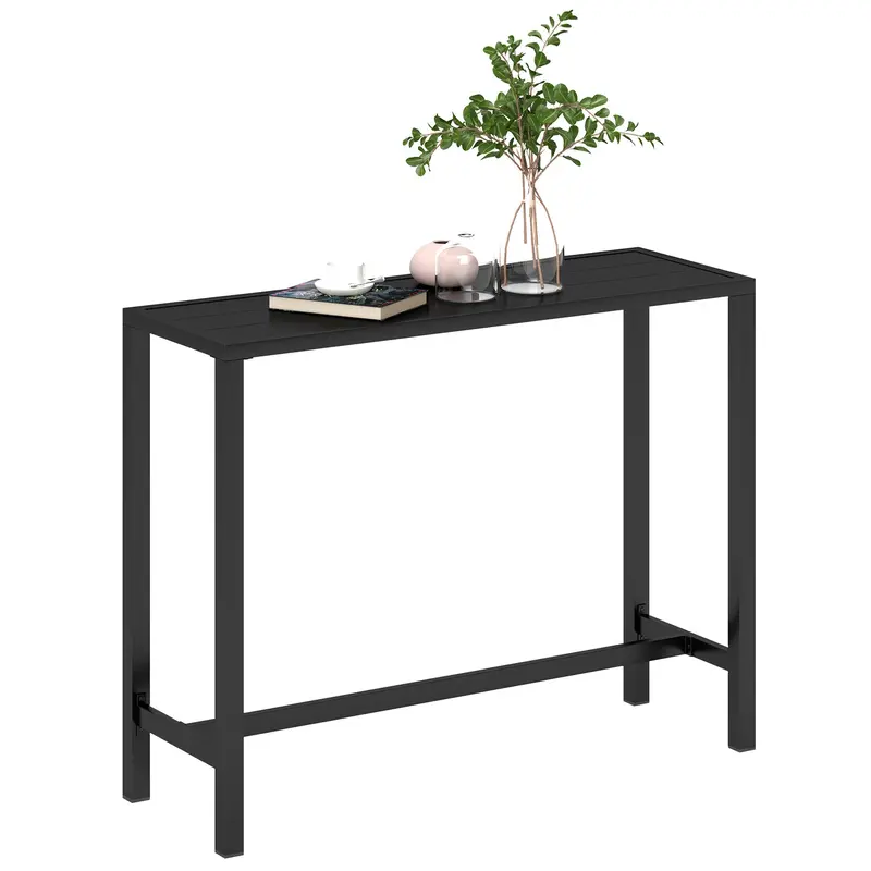48" Bar Height Outdoor Table With Slatted Top For Hot Tub, Backyard, Poolside, Black 1