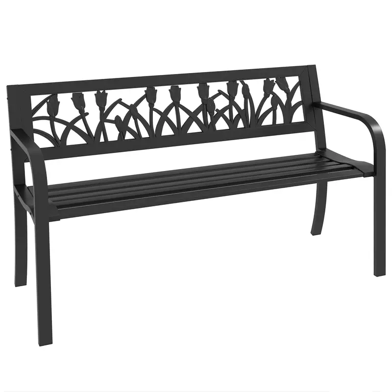 49" Metal Outdoor Bench Patio Bench With Curved Arms & Slatted Seat For Patio, Black 1