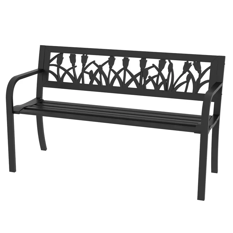49" Metal Outdoor Bench Patio Bench With Curved Arms & Slatted Seat For Patio, Black 2