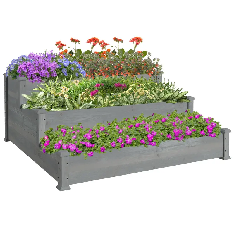 49" X 49" X 22" 3-Tier Wooden Raised Garden Bed Planter, Grey 1