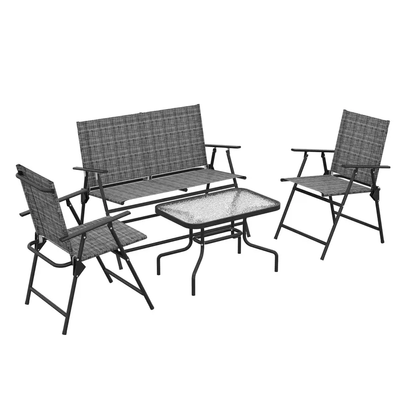 4Pc Patio Furniture Set With Foldable Chairs, Loveseat And Glass Table, Mixed Grey 1