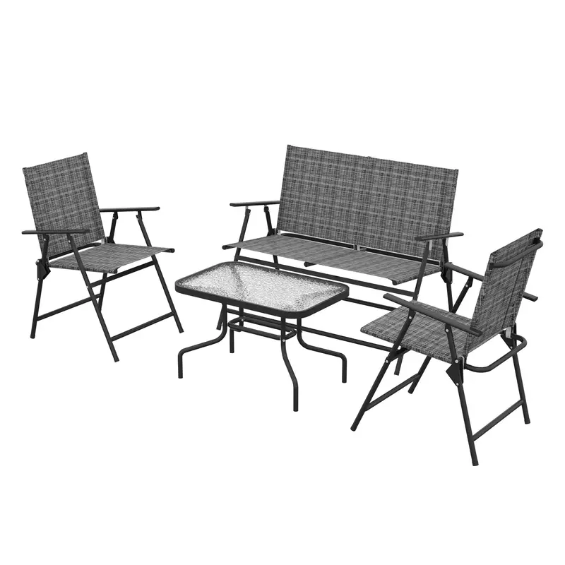 4Pc Patio Furniture Set With Foldable Chairs, Loveseat And Glass Table, Mixed Grey 2