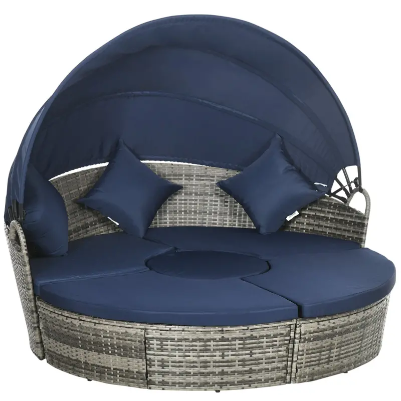 4Pcs Round Outdoor Daybed With Retractable Canopy, Pe Rattan Wicker Chair, Dark Blue 1