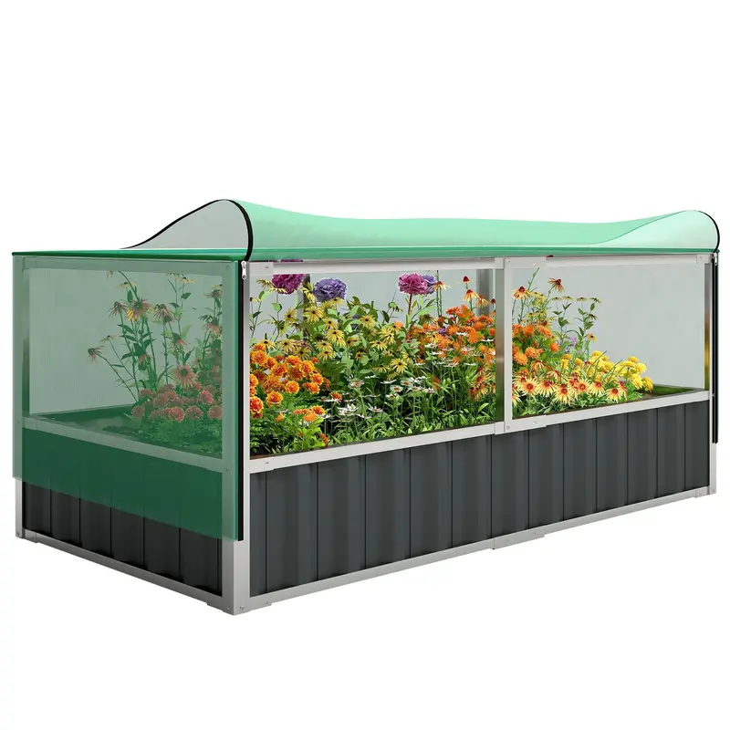 5.7 X 3 X 2.3Ft Steel Raised Garden Bed With Cover And Gloves, Dark Grey 1