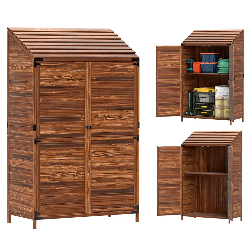 5.7Ft Tall Lean-To Wooden Outdoor Storage Cabinet With Double Doors And Shelves, Mixed-Brown 1
