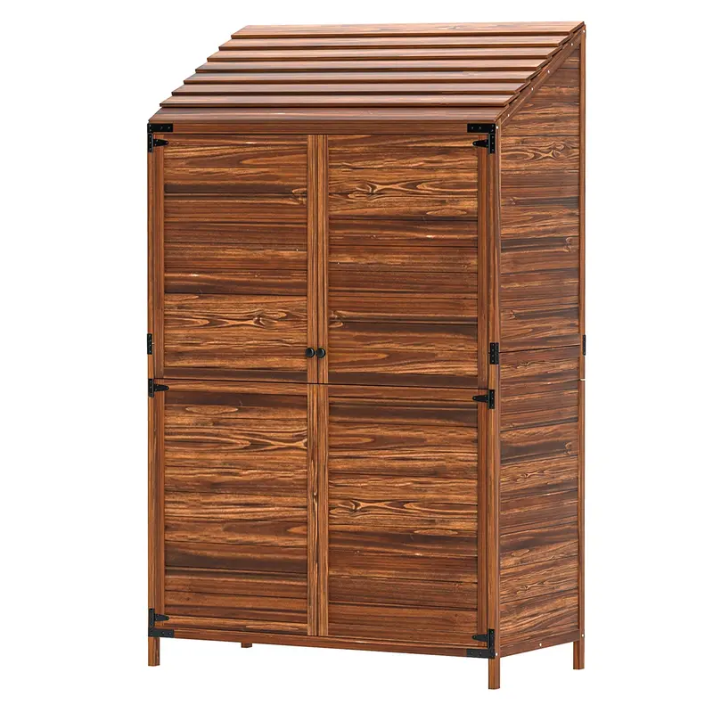 5.7Ft Tall Lean-To Wooden Outdoor Storage Cabinet With Double Doors And Shelves, Mixed-Brown 2