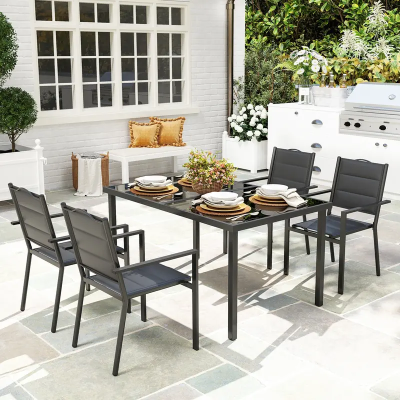 5 Piece Outdoor Dining Set W/ 4 Stackable Chairs, Rectangle Table, Tempered Glass Top, Black 1