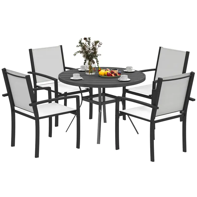 5 Piece Outdoor Dining Set With Round Table And 4 Stackable Chairs For Backyard, Grey 1