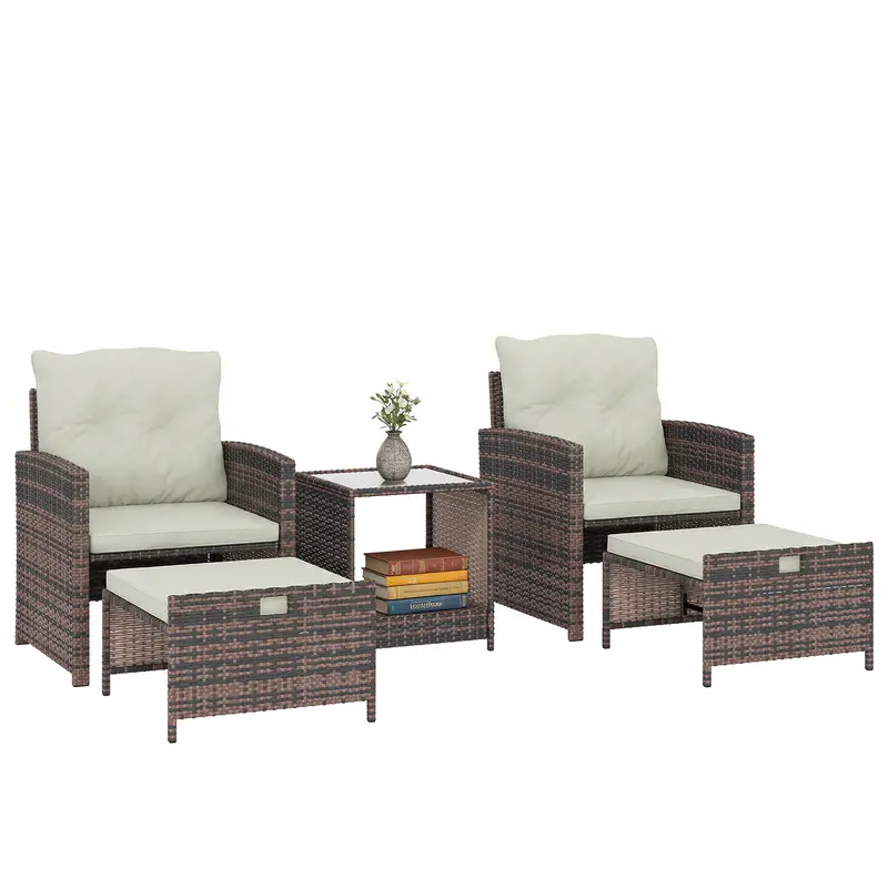 5 Piece Patio Furniture Set With Ottomans And 2-Tier Glass Table, Brown/Cream 1