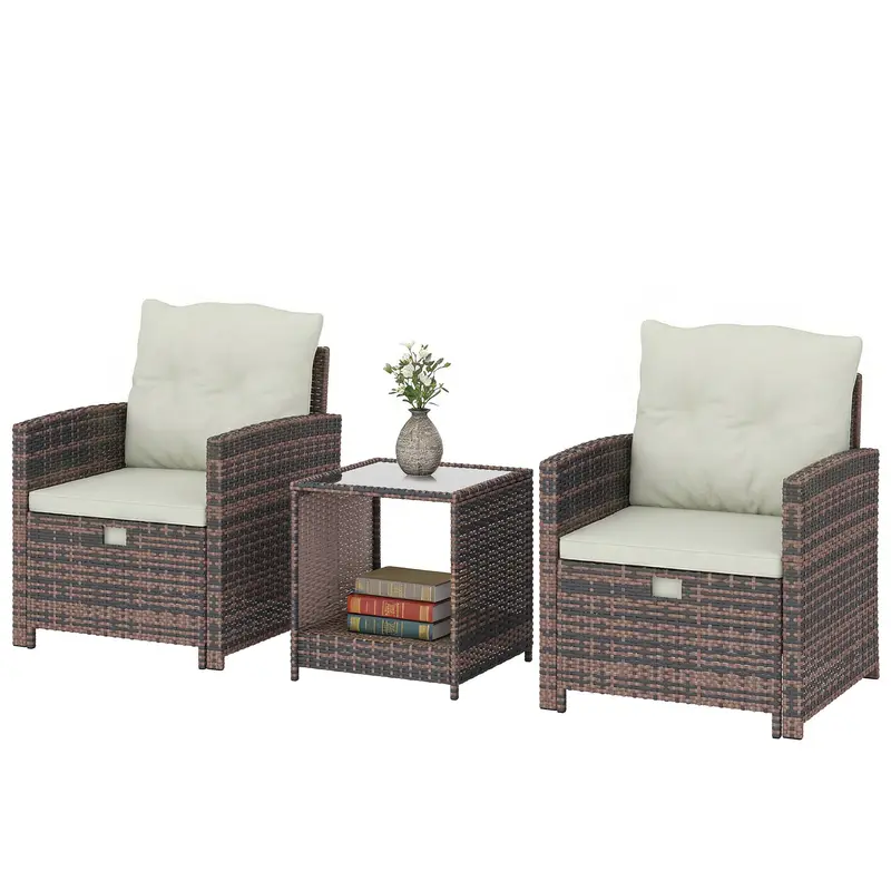 5 Piece Patio Furniture Set With Ottomans And 2-Tier Glass Table, Brown/Cream 2