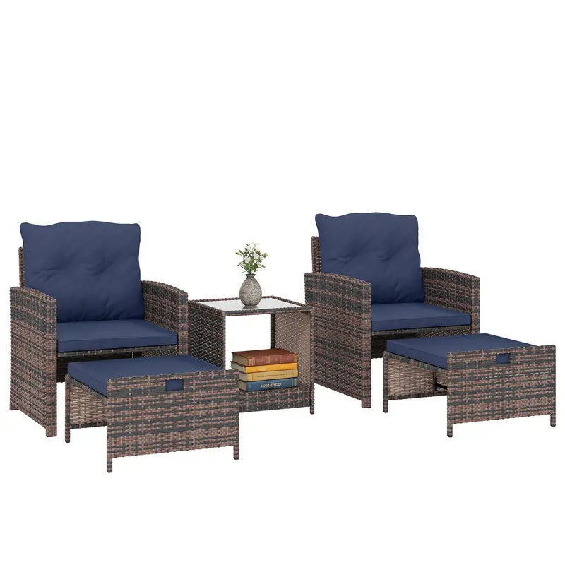 5 Piece Patio Furniture Set With Ottomans And 2-Tier Glass Table, Brown/Dark Blue 1