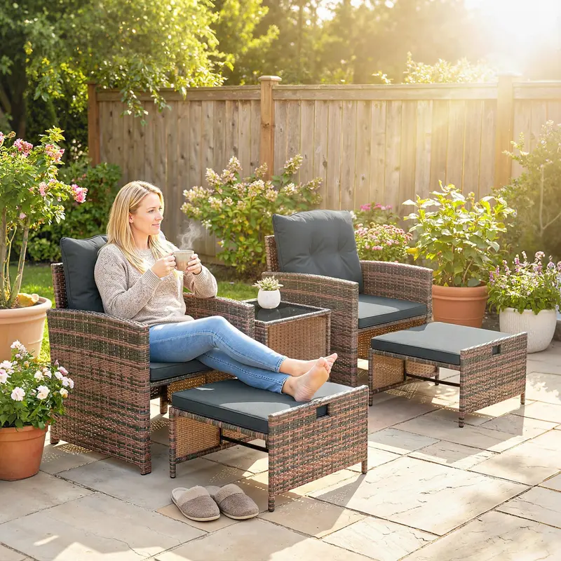 5 Piece Patio Furniture Set With Ottomans And 2-Tier Glass Table, Brown/Dark Grey 1