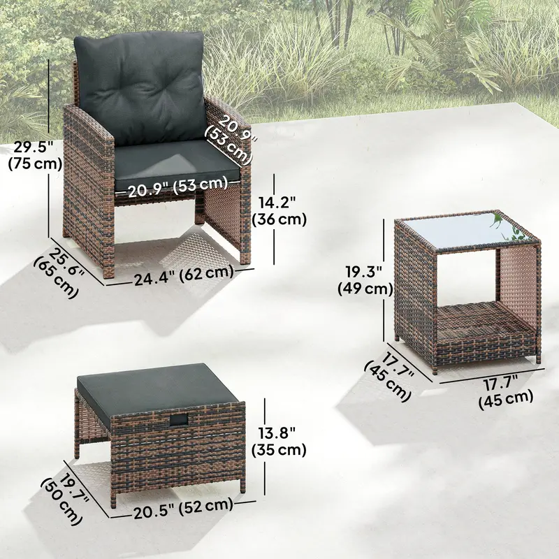 5 Piece Patio Furniture Set With Ottomans And 2-Tier Glass Table, Brown/Dark Grey 2