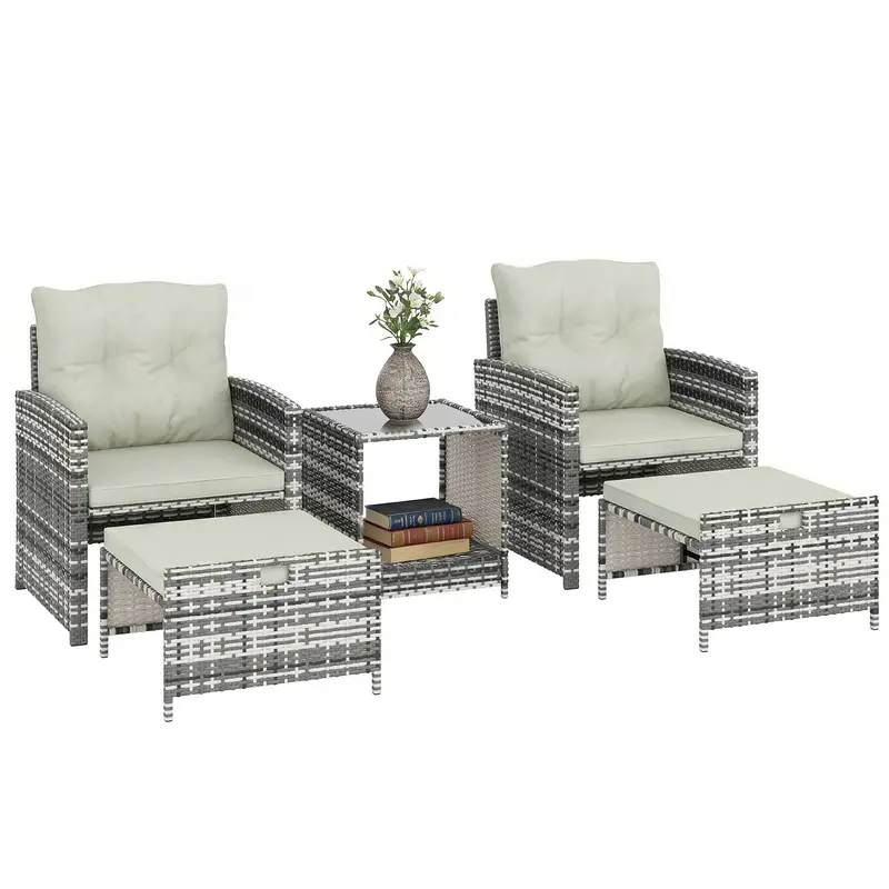 5 Piece Patio Furniture Set With Ottomans And 2-Tier Glass Table, Grey/Cream White 1