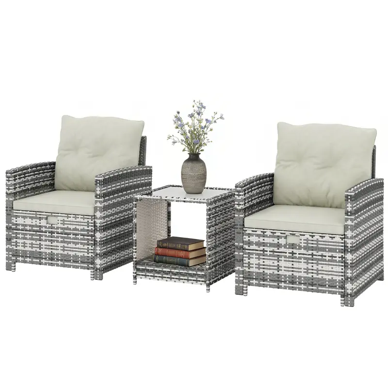 5 Piece Patio Furniture Set With Ottomans And 2-Tier Glass Table, Grey/Cream White 2