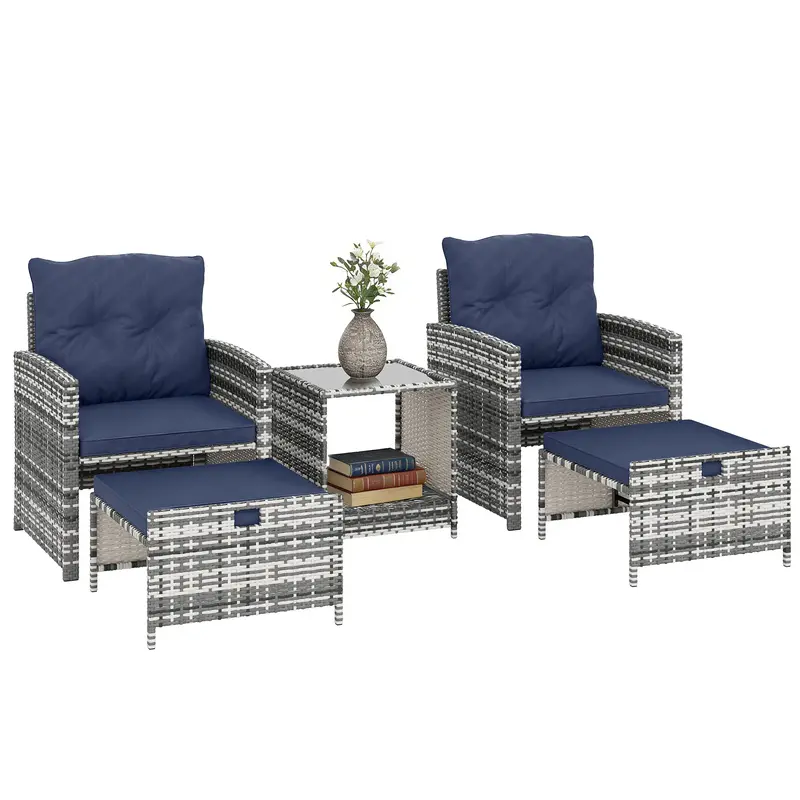 5 Piece Patio Furniture Set With Ottomans And 2-Tier Glass Table, Grey/Dark Blue 1