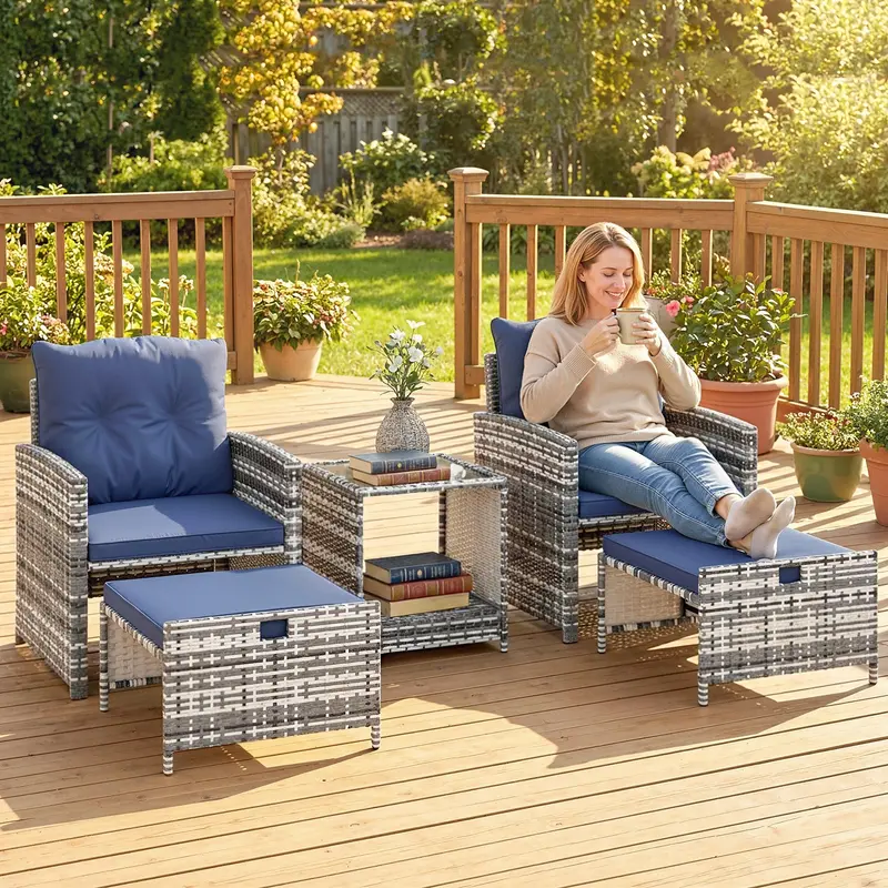 5 Piece Patio Furniture Set With Ottomans And 2-Tier Glass Table, Grey/Dark Blue 2