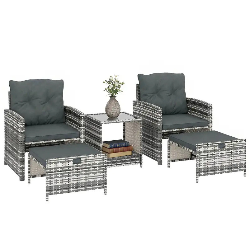 5 Piece Patio Furniture Set With Ottomans And 2-Tier Glass Table, Grey/Dark Grey 1