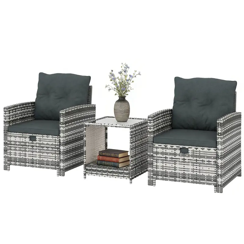 5 Piece Patio Furniture Set With Ottomans And 2-Tier Glass Table, Grey/Dark Grey 2
