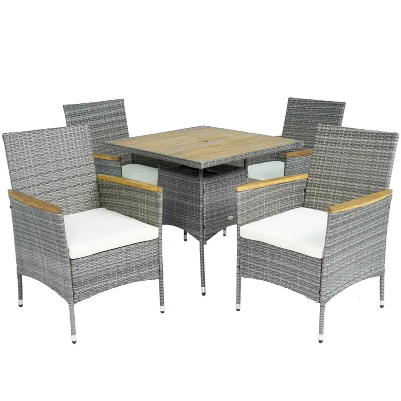 5 Piece Rattan Patio Dining Set With Umbrella Hole & Cushions For Garden Backyard, Teak 1