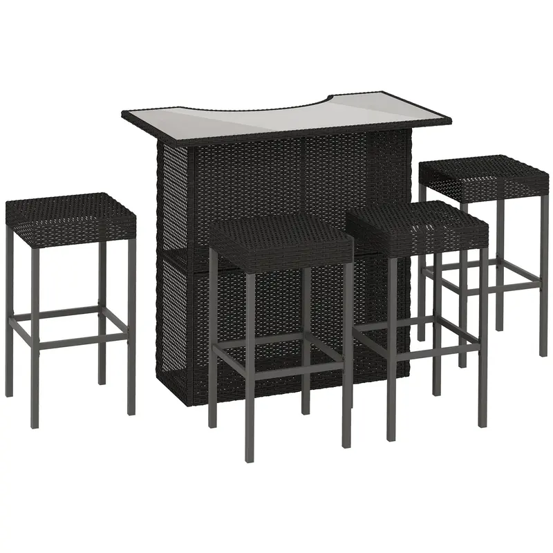 5 Pieces Outdoor Bar Set, Pe Rattan Wicker Table W/ Tempered Glass Top & Shelves, Black 1