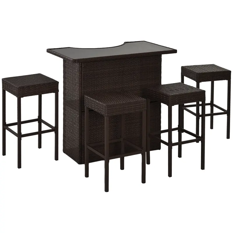 5 Pieces Outdoor Bar Set, Pe Rattan Wicker Table W/ Tempered Glass Top & Shelves, Dark Brown 1