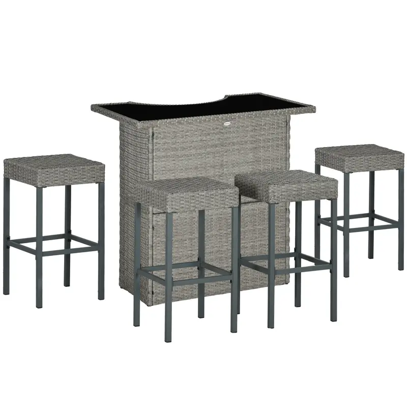 5 Pieces Outdoor Bar Set, Pe Rattan Wicker Table W/ Tempered Glass Top & Shelves, Grey 1