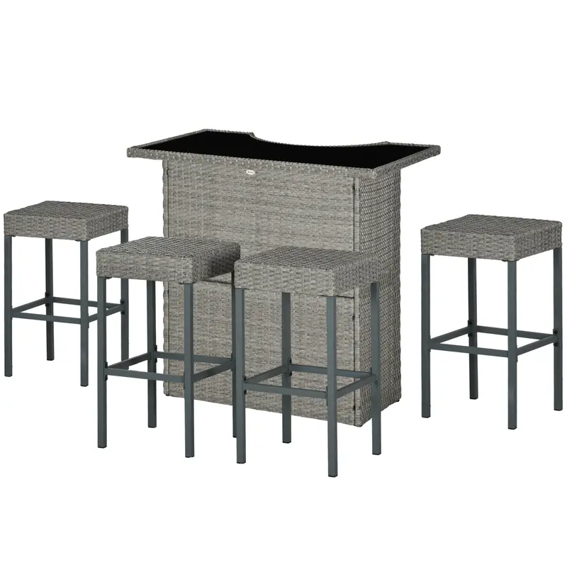 5 Pieces Outdoor Bar Set, Pe Rattan Wicker Table W/ Tempered Glass Top & Shelves, Grey 2