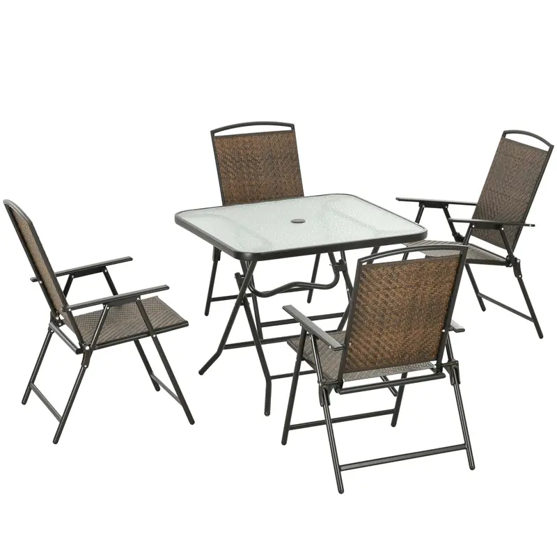 5 Pieces Outdoor Dining Set For 4 With Umbrella Hole, Tempered Glass Top, Dark Brown 1