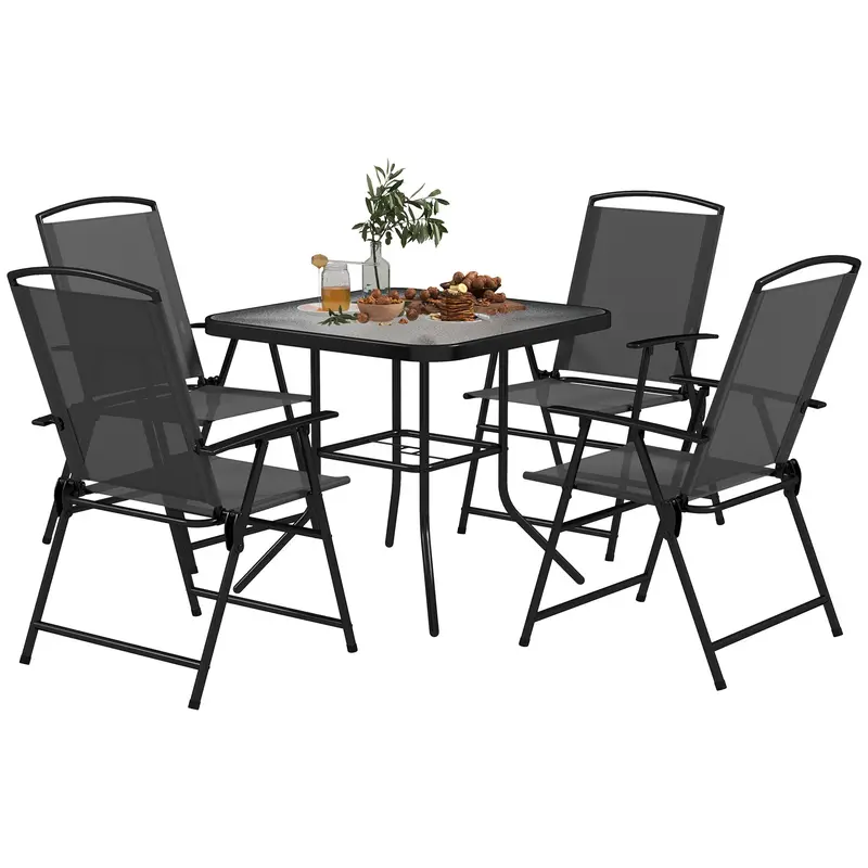 5 Pieces Outdoor Patio Dining Set W/ Glass Top Table & 4 Mesh Folding Chairs, Grey 1