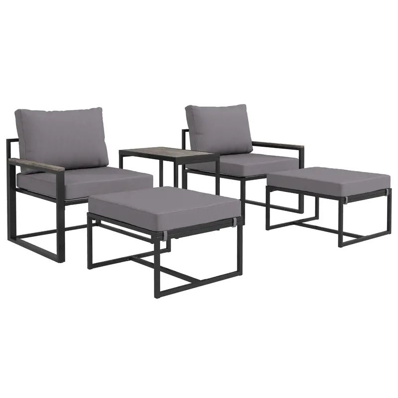 5 Pieces Outdoor Patio Furniture Set With Ottomans & Cushions For Garden, Poolside, Grey 1