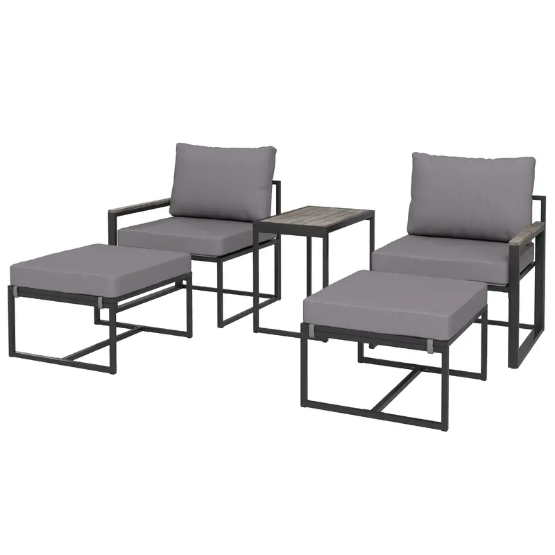 5 Pieces Outdoor Patio Furniture Set With Ottomans & Cushions For Garden, Poolside, Grey 2
