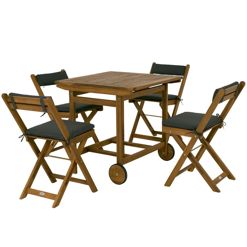 5 Pieces Wood Patio Dining Set, Wheeled Patio Table & Folding Chairs W/ Cushions, Teak 1