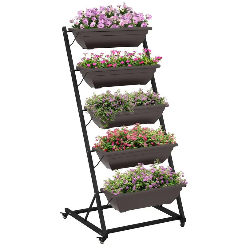 5-Tier Vertical Garden Bed With 5 Planters, Wheels And Drainage Holes, Brown 1